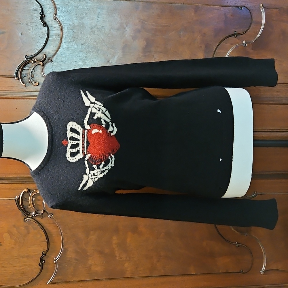 Lucky Brand 100% Lambs Wool Sweater Skeleton Heart Gothic Grunge Flawed Sz S
